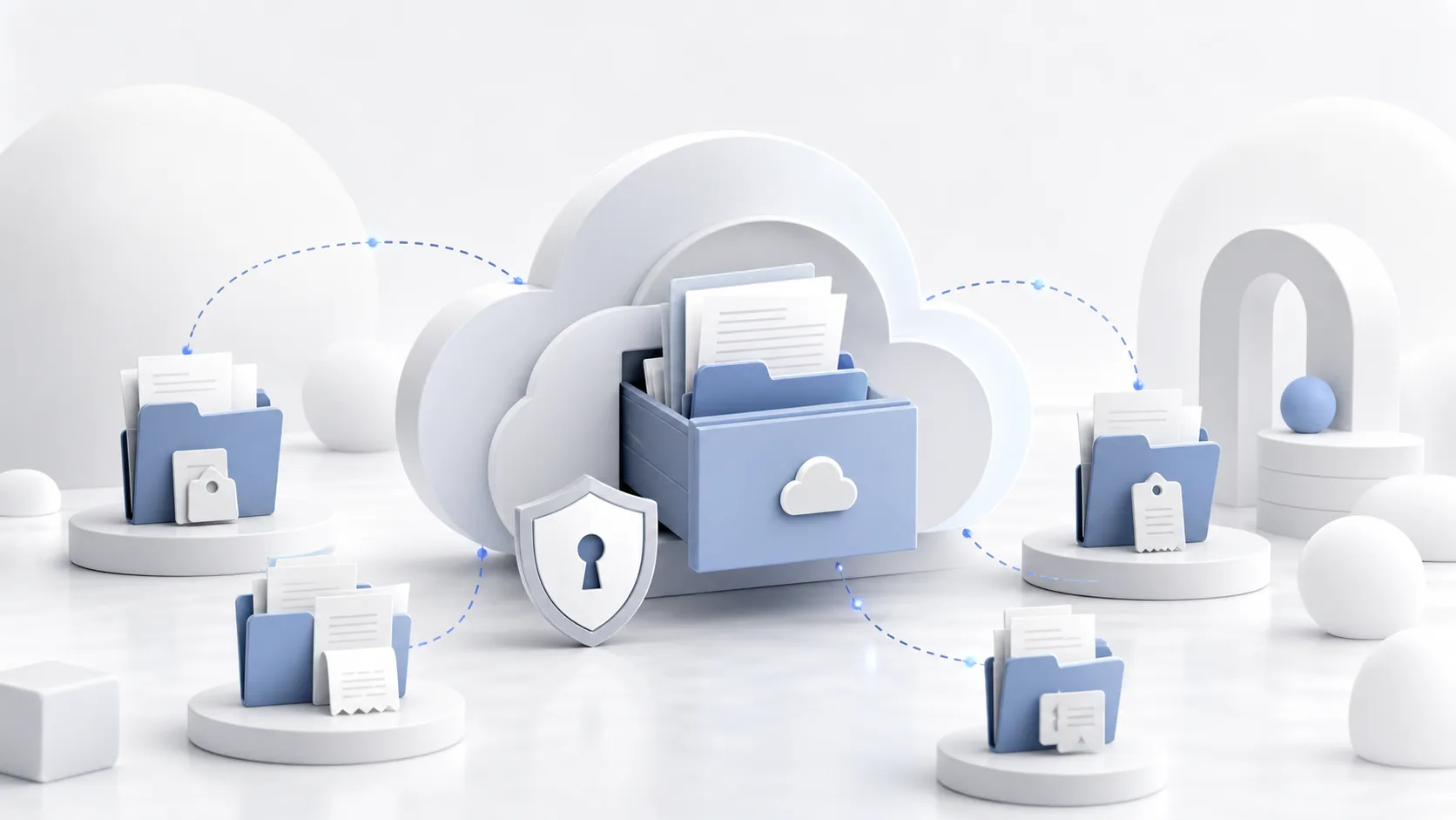 Abstract private cloud archive with synced folders and privacy symbols.