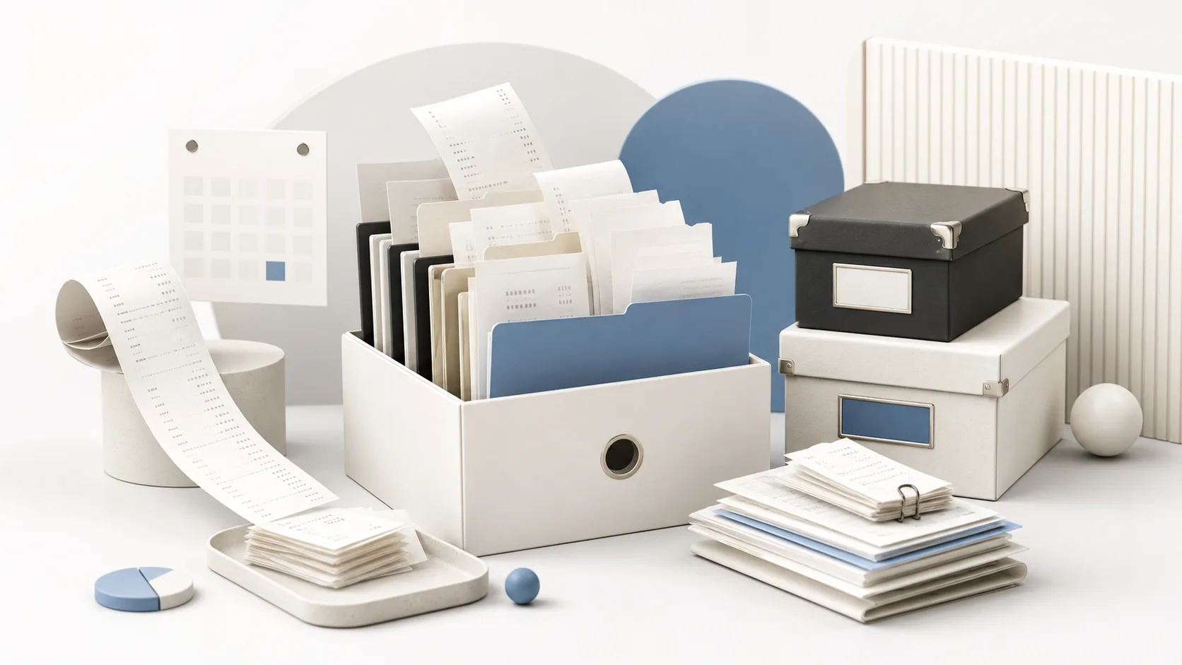 Abstract organized archive of receipts, folders, and purchase proof records.