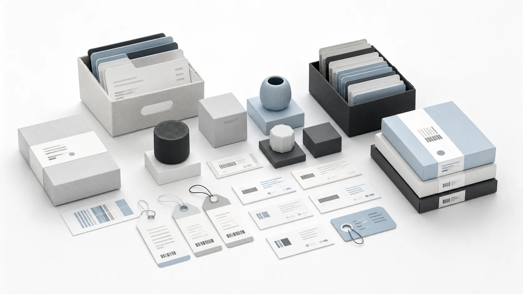 Abstract organized inventory labels and cards representing serial number records.