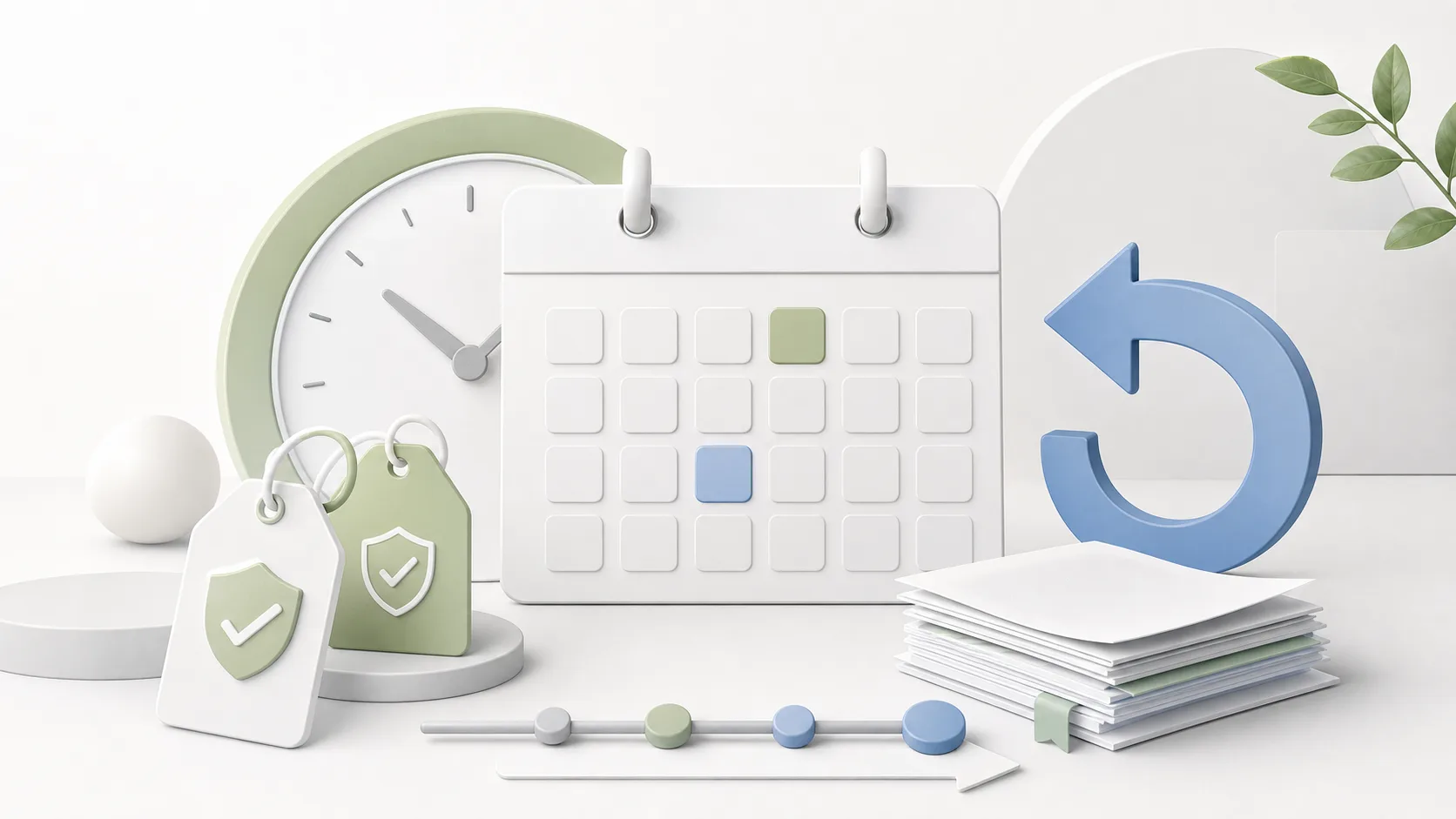 Abstract calendar, tags, and documents representing warranty and return deadline tracking.